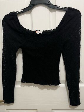 Black Lace Long-Sleeve Smocked Blouse - Women's